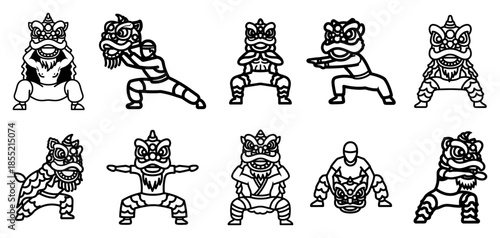 Geometric Lion Dance Poses Vector – Twelve Polygonal Lunar New Year Mascots in Dynamic Moves, Modern Origami-Style Festival Icon Set