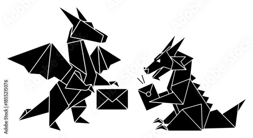 Origami-Style Geometric Dragons Vector – Pair of Polygonal Winged Eastern Beasts Facing Off, Minimal Modern Fantasy Illustration