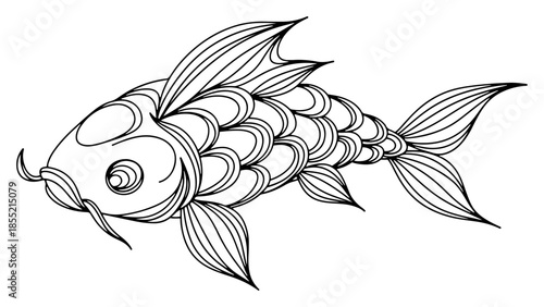 Koi Fish Outline Vector – Elegant Japanese Carp with Detailed Scales and Flowing Fins, Zen Pond Decoration Line Art Illustration