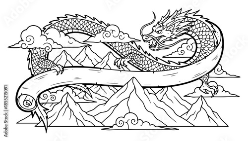 Oriental Dragon over Mountain Landscape Vector – Majestic Chinese Serpent Flying Above Peaks and Clouds, Detailed Line Art for Mythical Fantasy Design