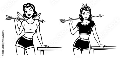Retro Pin-Up Archer Girl Vector – Vintage Comic Style Woman Posing with Bow and Arrow, Bold Outline Illustration for Sports Poster or Tattoo Design