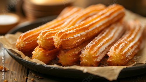 Traditional spanish churros coated in sugar – perfect for dessert and snack lovers