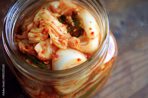 A detailed close-up photograph of traditional Korean kimchi featuring fermented cabbage with spices, presented as part of healthy Korean cuisine and table setting.