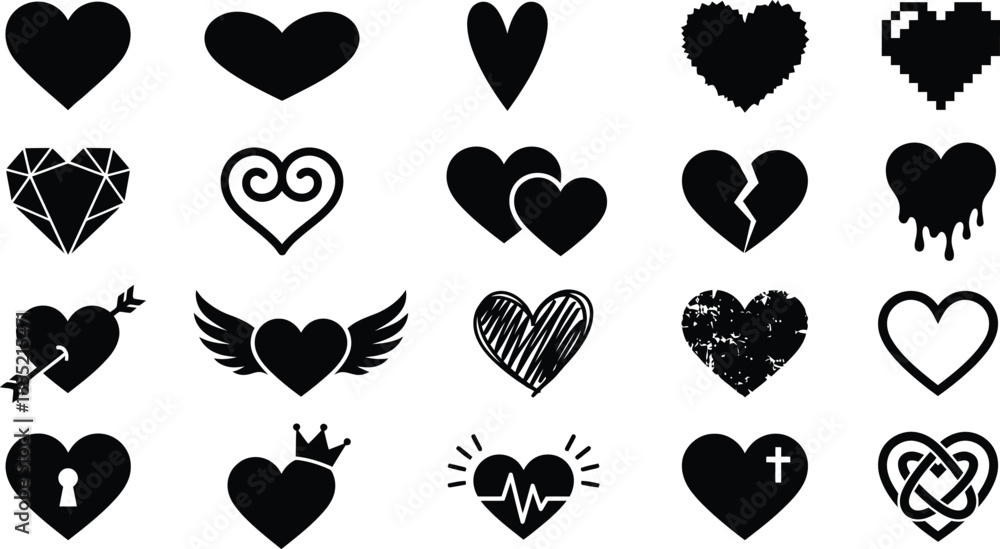 Fototapeta premium Collection of abstract heart symbols. Vector black love icons including geometric, pixelated, dripping, and winged hearts for trendy design.