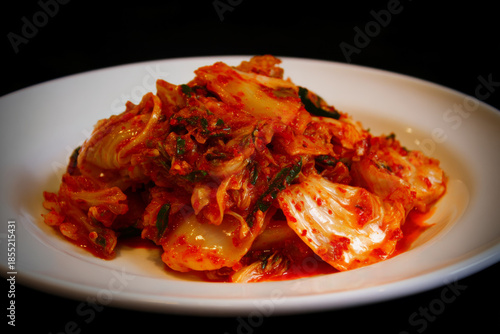 Close-up photograph of Korean kimchi featuring fermented cabbage with traditional seasonings, showcasing Korean culinary tradition, healthy fermented foods and table arrangement.