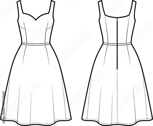 Elegant sweetheart neckline fit-and-flare dress pattern Vector