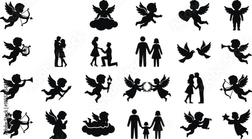 Set of romantic cherubs and relationship icons. Vector black cupid figures and couple silhouettes for wedding anniversary decoration.
