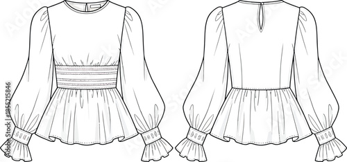 Elegant blouse with balloon sleeves and ruffle details Vector