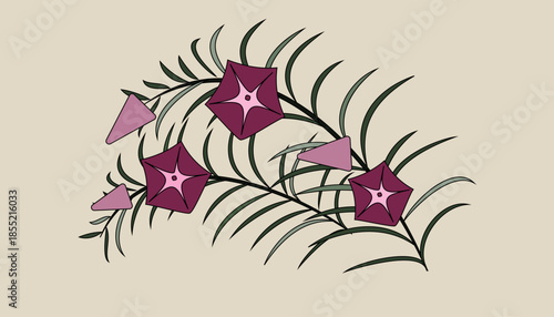 Abstract flowers on stems with thin leaves. Vector illustration for decorating walls, tiles, wallpaper in a minimalist style