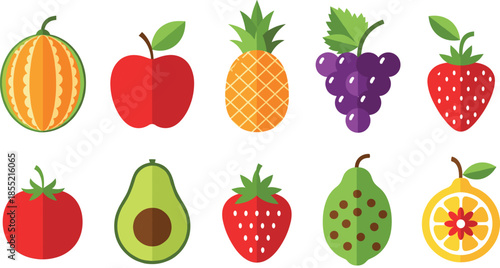 Colorful Fruit Icon Set Illustration Featuring Apple, Pineapple, Grapes, Strawberry, Avocado, Tomato, Pear, and Citrus for Food, Nutrition, and Healthy Design