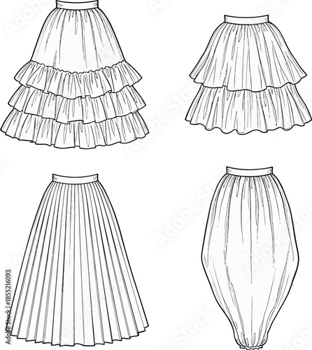 Classic skirt designs: tiered and pleated styles Vector