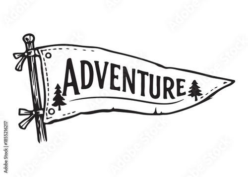 Vintage adventure flag with trees on white background