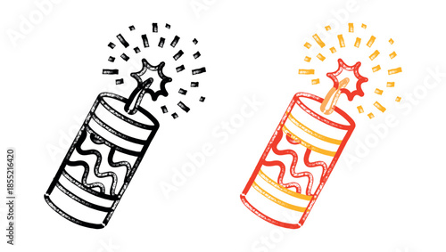 Firecracker symbol drawn with marker in childlike sketch style. One exploding petard with rough lines and dynamic spark details. Vector illustration isolated.