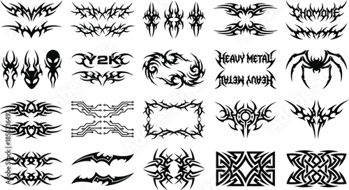 Set of tribal tattoo designs. Vector black abstract spider, scorpion, and symmetrical ornament icons for gothic style.