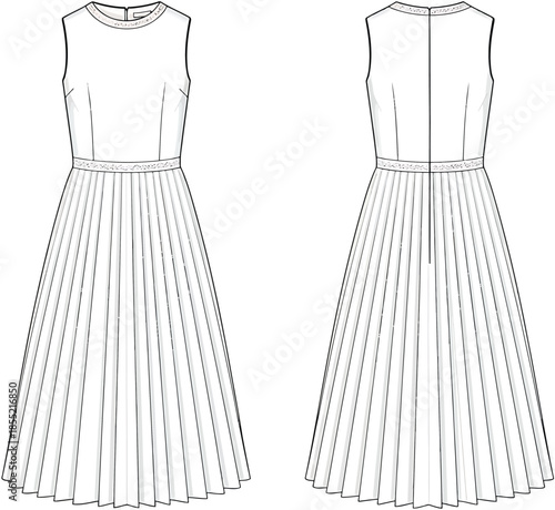 Classic pleated midi dress pattern Vector