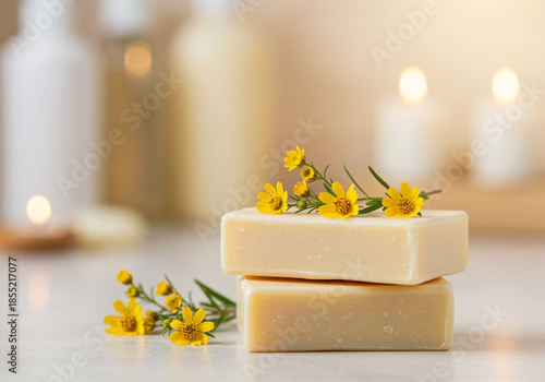 Two bars of soap with yellow flowers and candles floral
