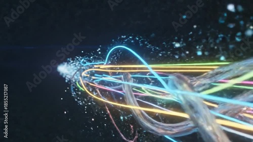Abstract data flow of glowing neon lines in optical fiber cable