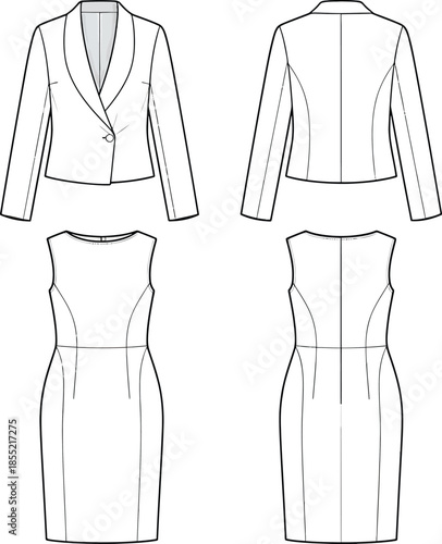 Technical flat drawing: jacket & dress - ss24 collection Vector