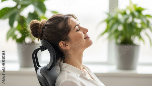 Woman Relaxing with Eyes Closed in Office Chair comfort