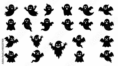 Vector Ghost Silhouette Set –  Black Line Art Spirits with Unique Expressions and Shapes for Halloween, Horror, and Character Design Themes