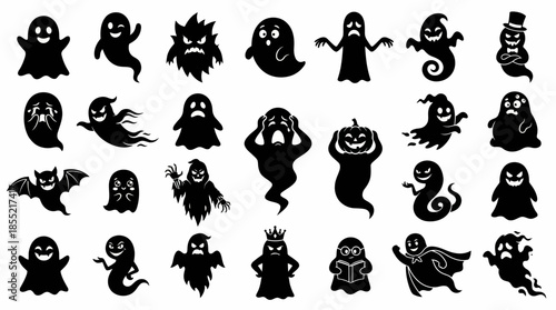 Vector Ghost Silhouette Set –  Black Line Art Spirits with Unique Expressions and Shapes for Halloween, Horror, and Character Design Themes