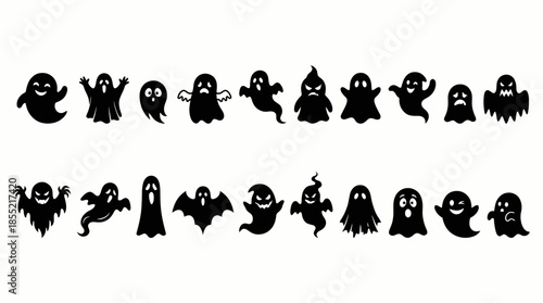 Vector Ghost Silhouette Set –  Black Line Art Spirits with Unique Expressions and Shapes for Halloween, Horror, and Character Design Themes