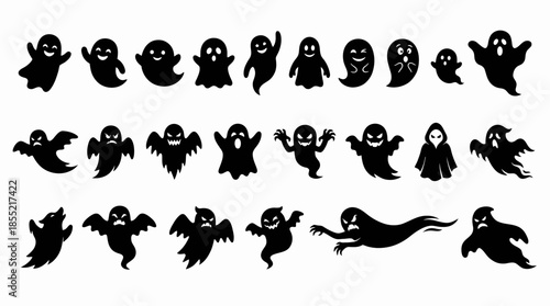 Vector Ghost Silhouette Set –  Black Line Art Spirits with Unique Expressions and Shapes for Halloween, Horror, and Character Design Themes