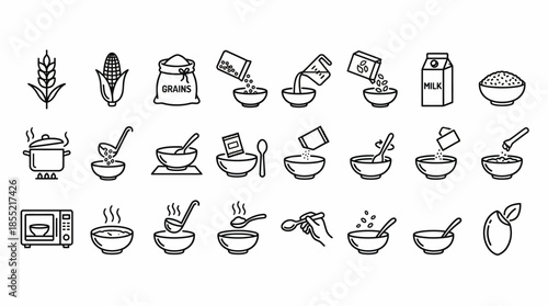 Vector Grain Meal Preparation Icon Set –  Black Line Art Symbols for Cereal, Porridge, and Cooking Process Design Themes