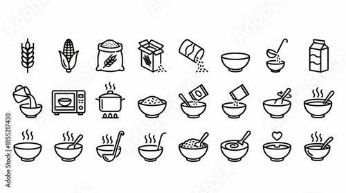 Vector Grain Meal Preparation Icon Set –  Black Line Art Symbols for Cereal, Porridge, and Cooking Process Design Themes