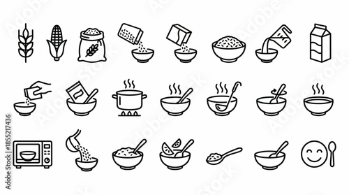 Vector Grain Meal Preparation Icon Set –  Black Line Art Symbols for Cereal, Porridge, and Cooking Process Design Themes