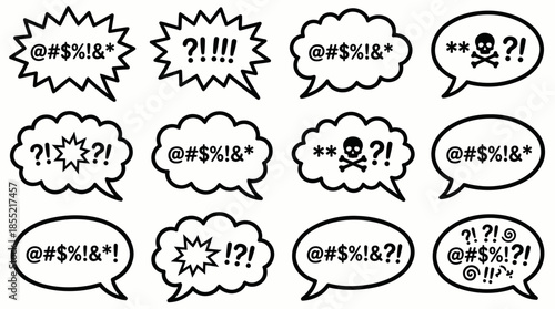 Vector Comic Speech Bubble Icon Set –  Black Line Art Symbols for Expletives, Emotions, and Graphic Novel Dialogue Design Themes