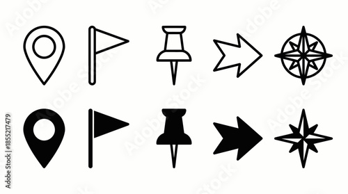 Vector Navigation Icon Set – Black Line Art Symbols for Location, Direction, and Mapping UI Design Themes