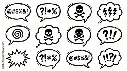 Vector Comic Speech Bubble Icon Set –  Black Line Art Symbols for Expletives, Emotions, and Graphic Novel Dialogue Design Themes
