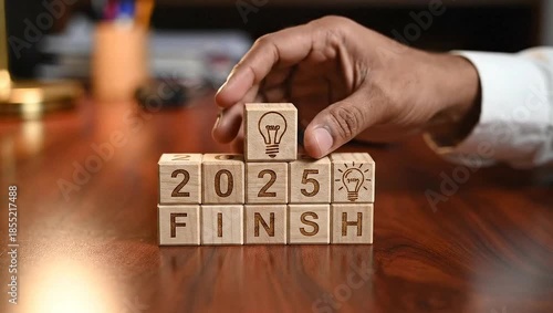 Person placing a wooden block with a lightbulb on a table with 2025 finish