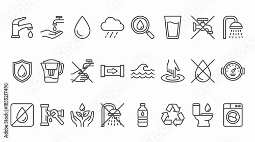 Vector Water Conservation Icon Set – Black Line Art Symbols for Hygiene, Usage Restrictions, and Environmental Awareness Design Themes