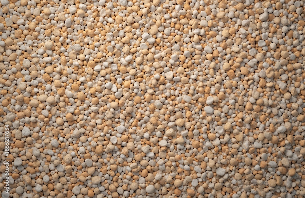 Fototapeta premium Small beige and white pebbles create a dense background texture. The granular material forms an abstract pattern of rounded stones. This natural surface offers a neutral base for design projects.