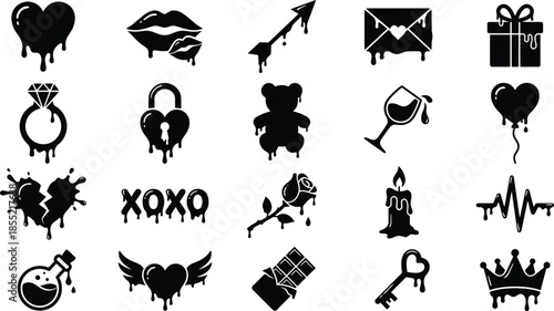 Set of melting valentine icons. Vector black dripping heart, gift box, letter, and ring symbols for liquid love design.