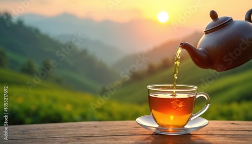 Tea pouring into glass cup from teapot during sunset over green hills. Warm drink steams gently in scenic landscape. Peaceful morning beverage preparation.
