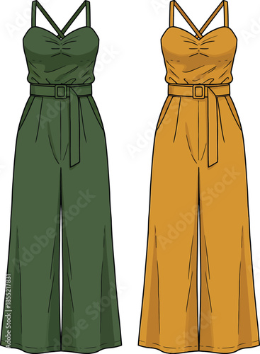 Elegant strappy jumpsuits in olive and mustard Vector