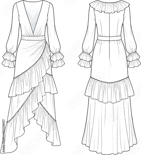 Elegant asymmetrical ruffle evening gown Vector