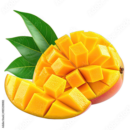 Vibrant Diced Mango with Green Leaves Isolated on Black Background