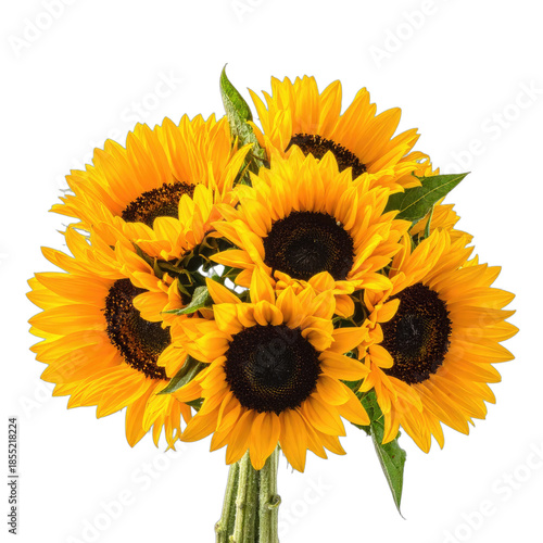 A vibrant bouquet of bright yellow sunflowers presented against a stark black background.