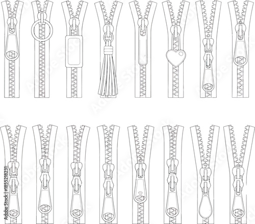 Various types of zippers and clips for garments Vector
