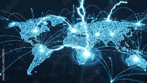 Global network map connecting data flow with abstract blue light lines