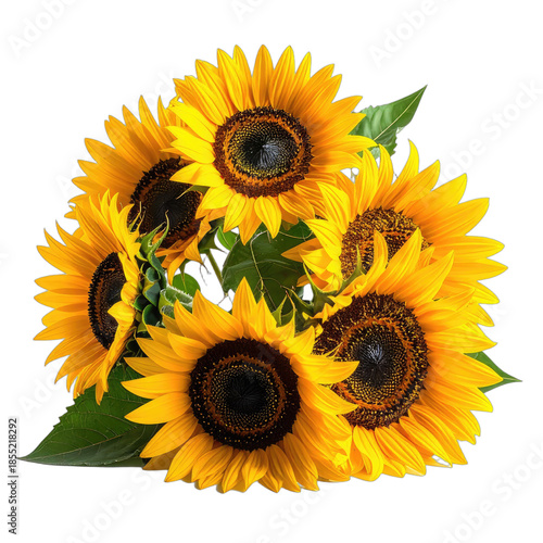 A vibrant bouquet of bright yellow sunflowers against a stark black background.
