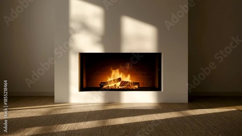 Wallpaper Mural Minimal modern fireplace set into clean interior wall with warm flames, soft natural light, calm shadows and cozy contemporary living space Torontodigital.ca