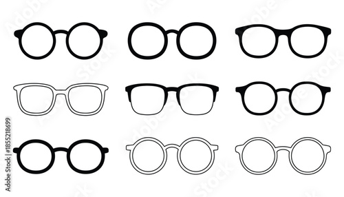 Line art glasses icon set, minimalist vector collection of trendy sunglasses, spectacles, and optical frames, perfect for fashion illustrations, mobile apps