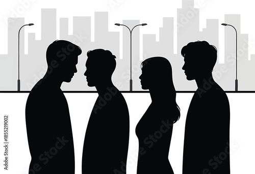 Silhouettes of four people in urban setting Vector