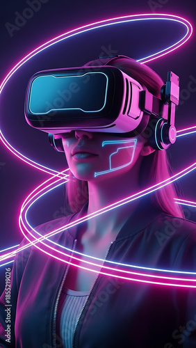 Woman experiencing virtual reality with futuristic VR headset and neon lights