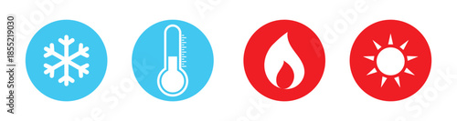  Weather and Climate Circle Icons - Flat Snowflake, Thermometer, Fire, and Sun Symbols for Temperature Extremes